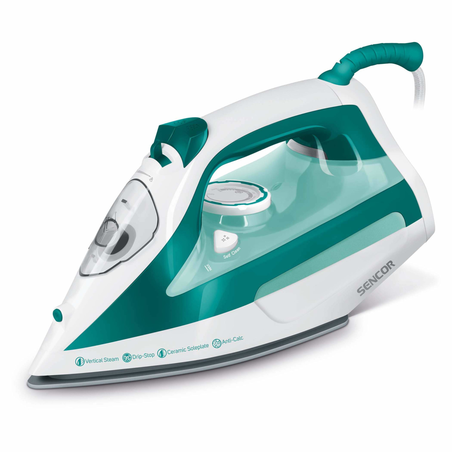 A white and teal SENCOR steam iron with a ceramic soleplate.