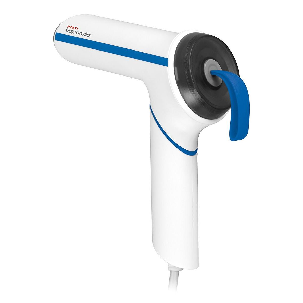Un pulitore a vapore bianco con accenti blu e manico blu.