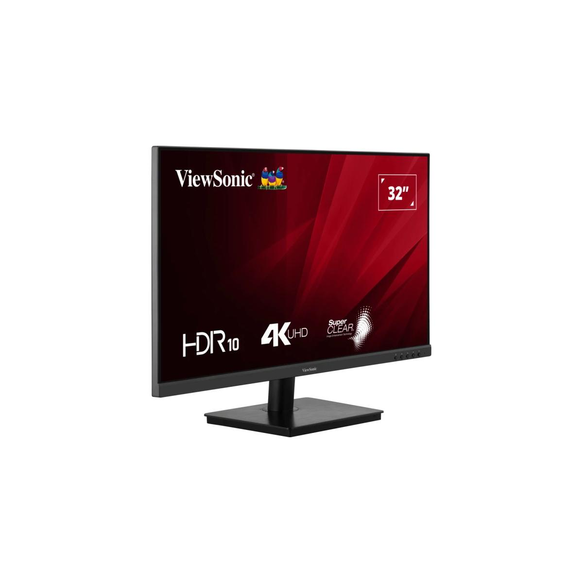 A black 32-inch monitor with HDR 10 and 4K UHD resolution on a stand.