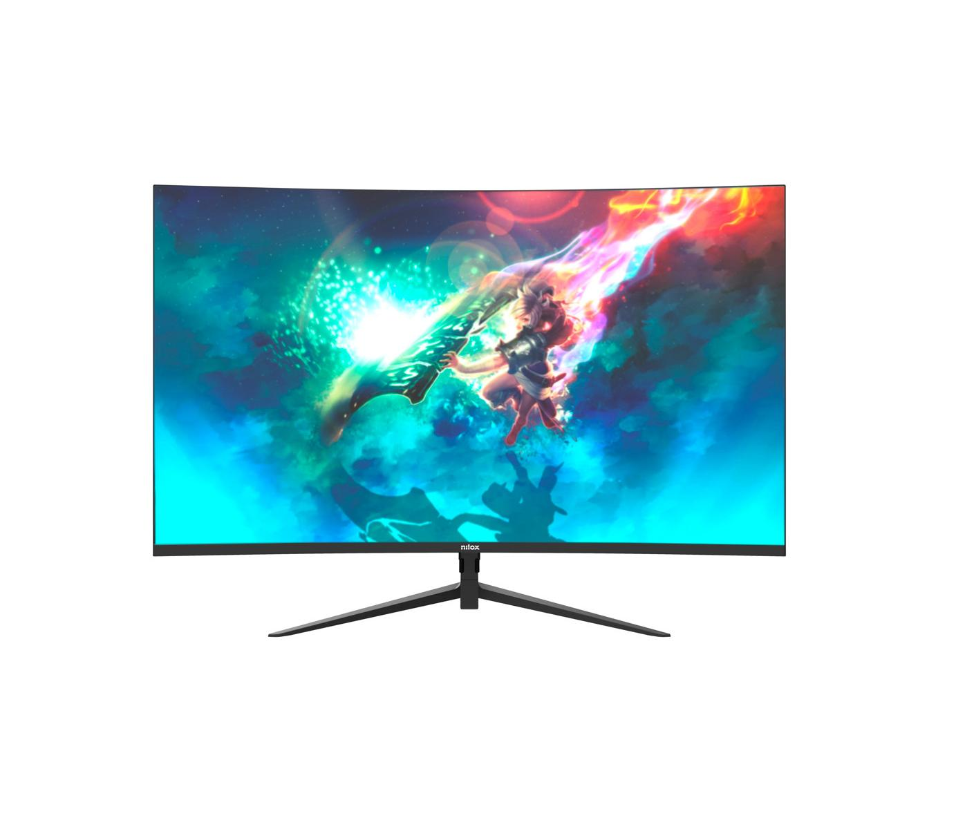 Un monitor curvo muestra una colorida obra de arte de fantasía con una guerrera.