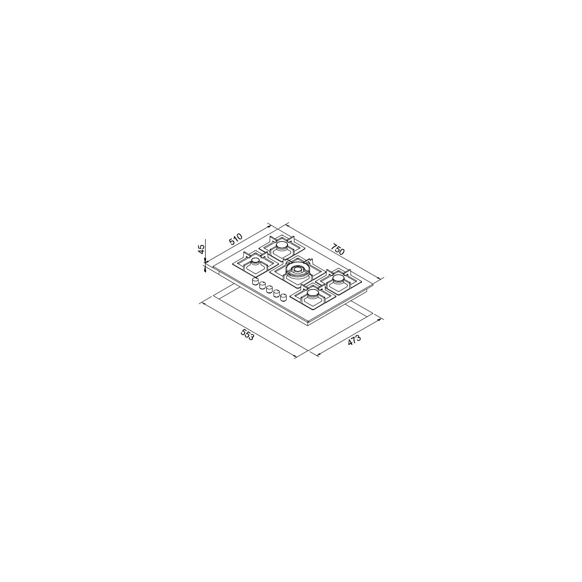 Disegno tecnico di un piano cottura a gas con quattro bruciatori e dimensioni.