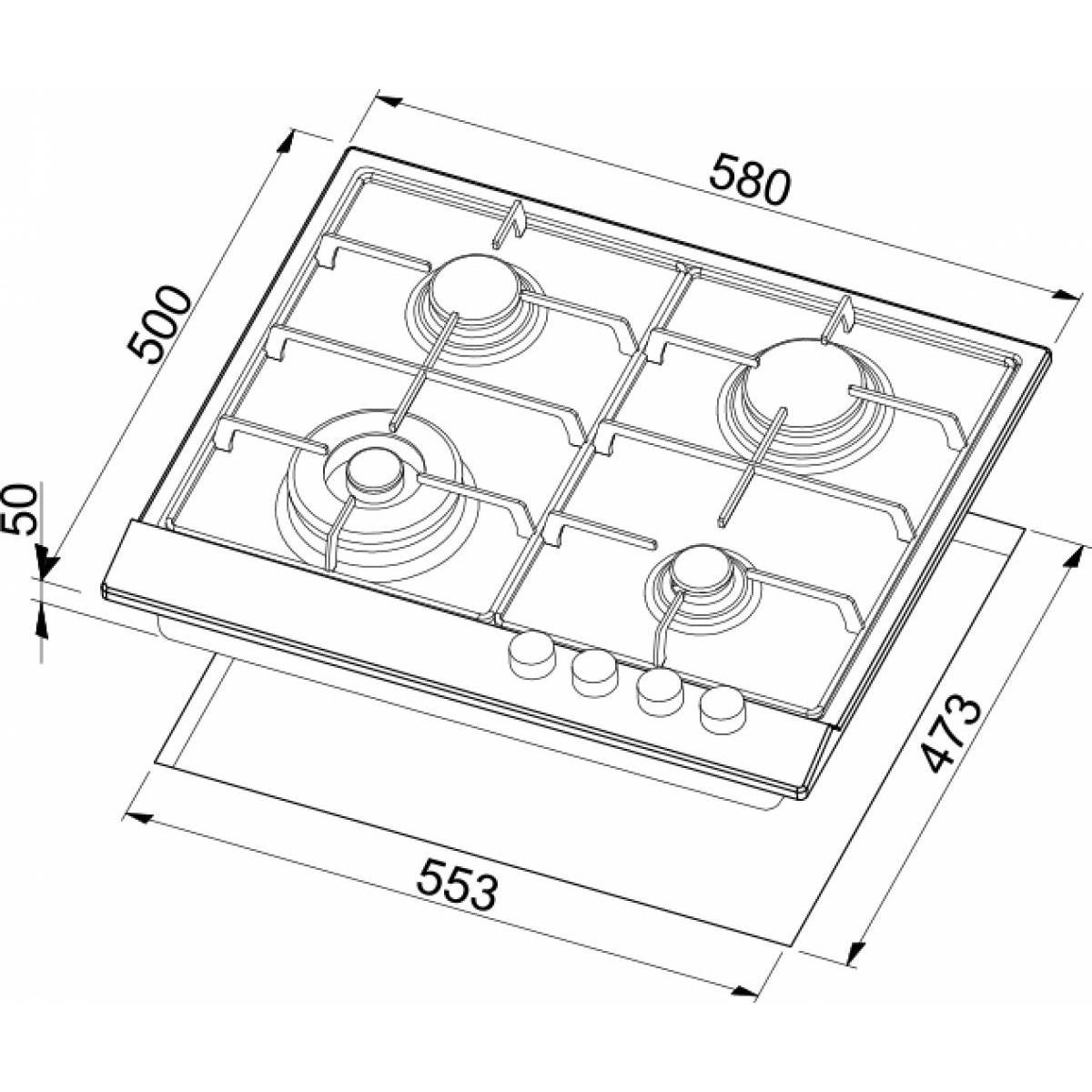 Disegno tecnico di un piano cottura a gas a quattro fuochi con dimensioni.