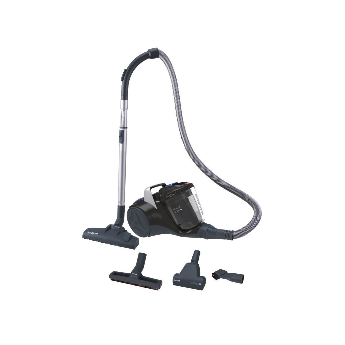 Een zwarte Hoover stofzuiger met slang en drie opzetstukken.