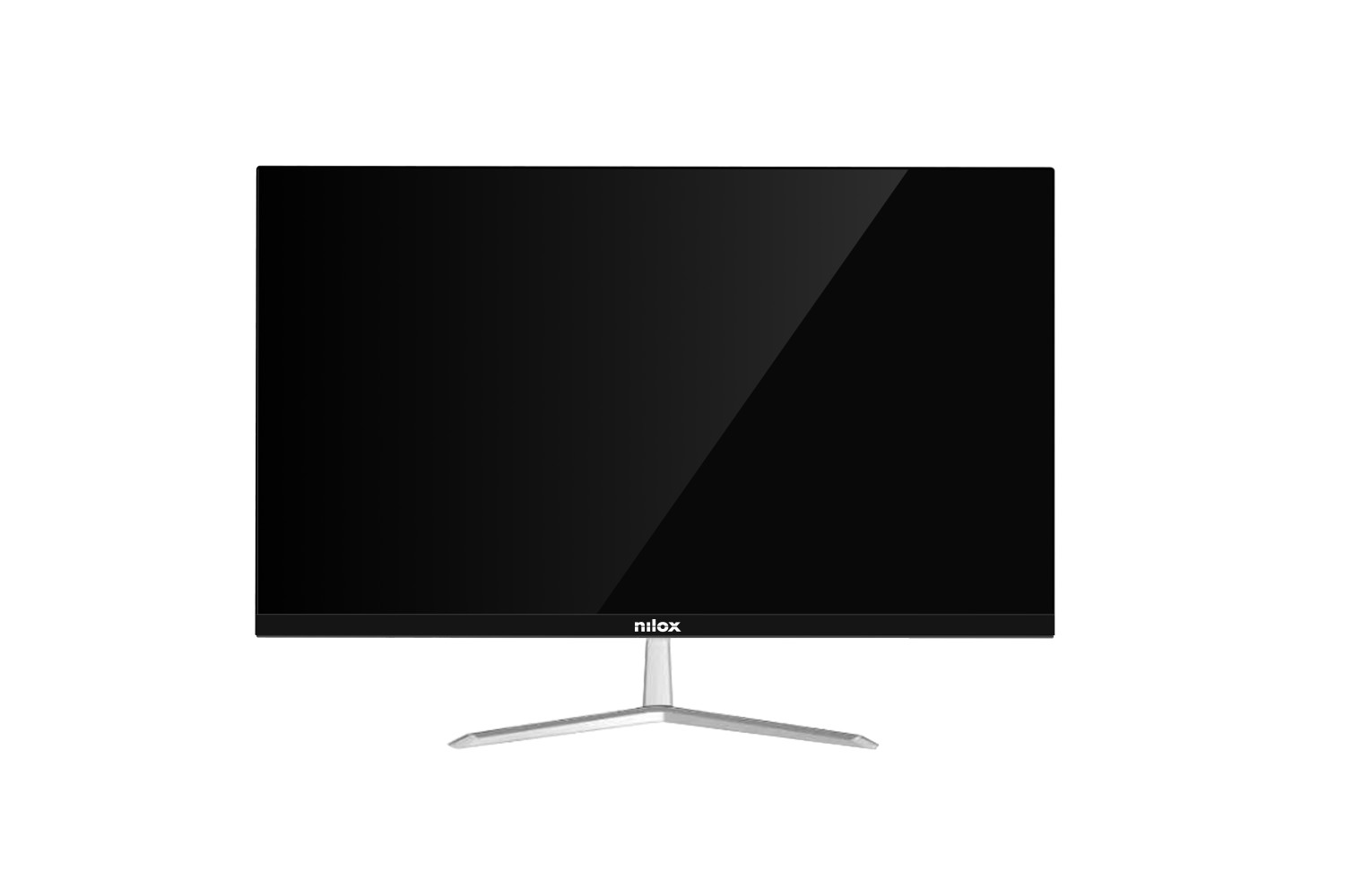 Un monitor negro con soporte plateado sobre fondo blanco.