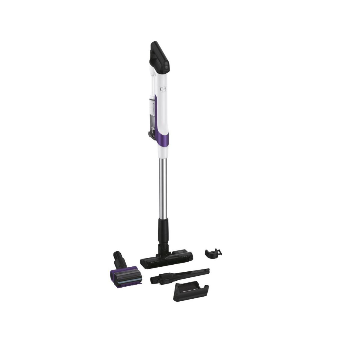 Un aspirapolvere viola e bianco con accessori su sfondo bianco.