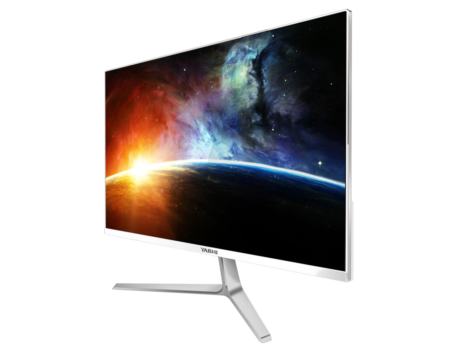 Un monitor elegante que muestra una escena espacial con la Tierra y un amanecer brillante.