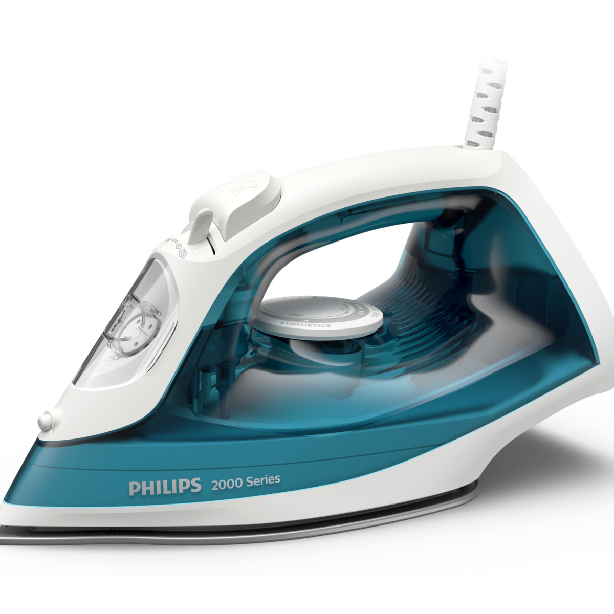 Una plancha de vapor Philips Serie 2000 blanca y turquesa, vista de lado.