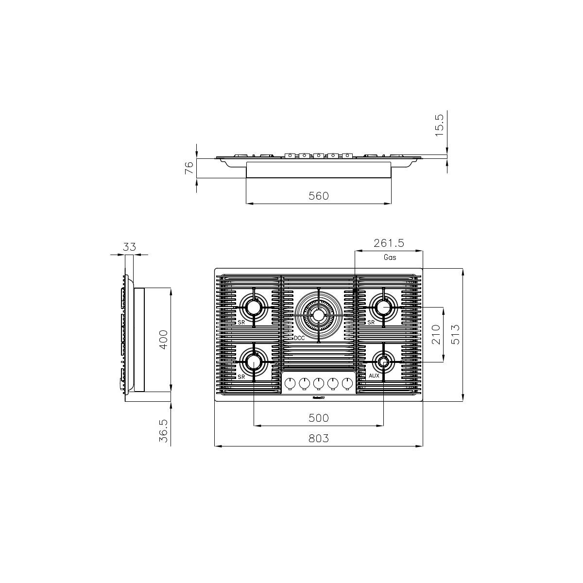 Dibujo técnico de una placa de gas con cinco quemadores, mostrando vistas y dimensiones.