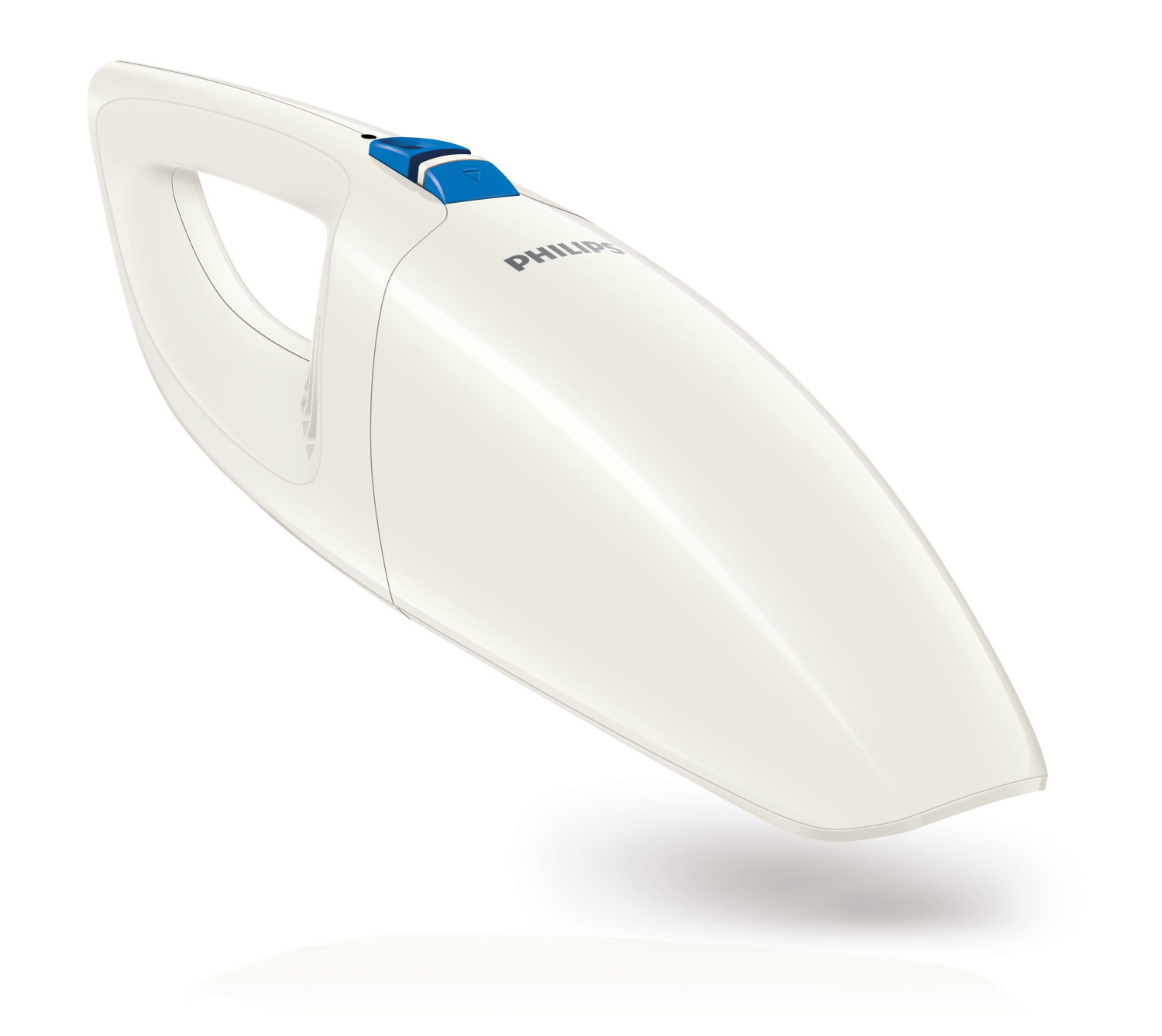 A white handheld vacuum cleaner with blue buttons on a white background.
