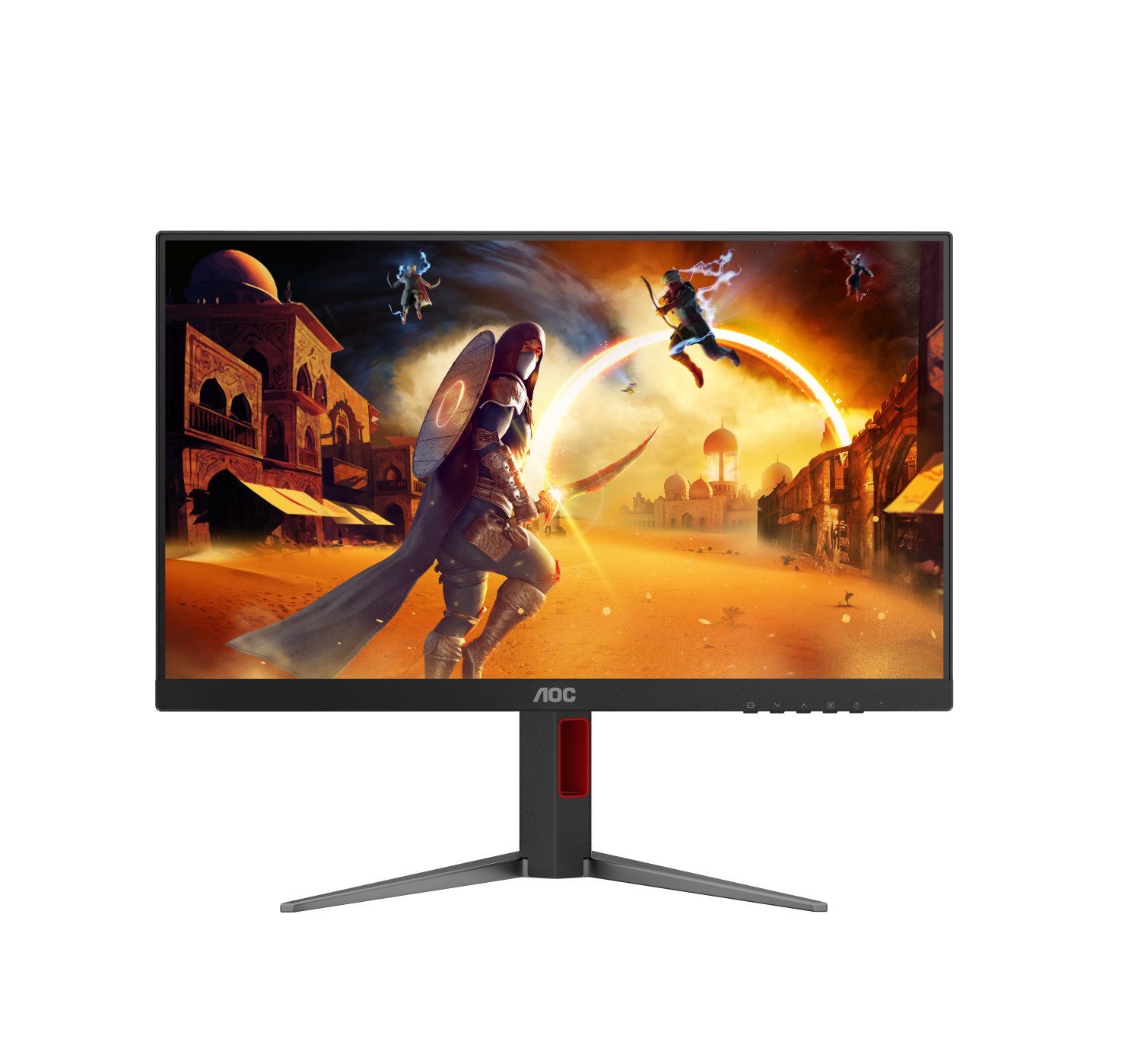 A monitor displays a desert city with warriors fighting.