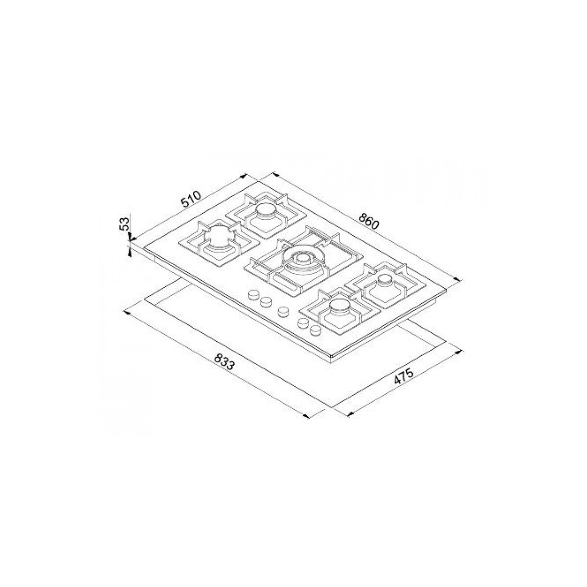 Dibujo técnico de una placa de gas con dimensiones. Se disponen cinco quemadores.