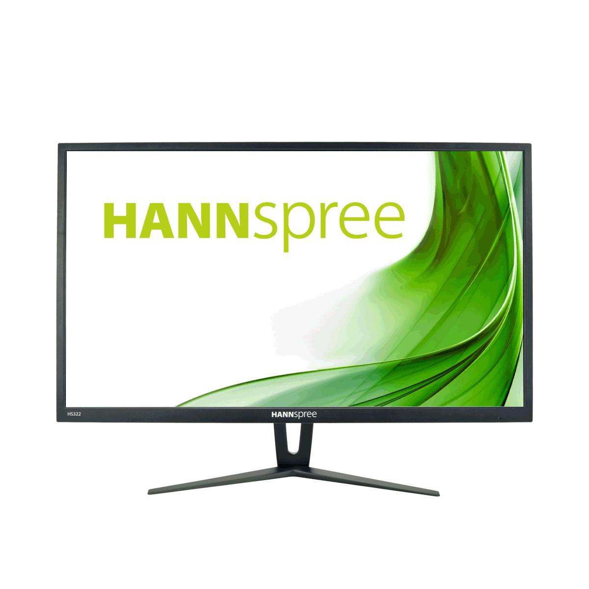 Ein schwarzer Monitor mit dem HANNspree-Logo und einem grünen Wirbelmuster auf dem Bildschirm.