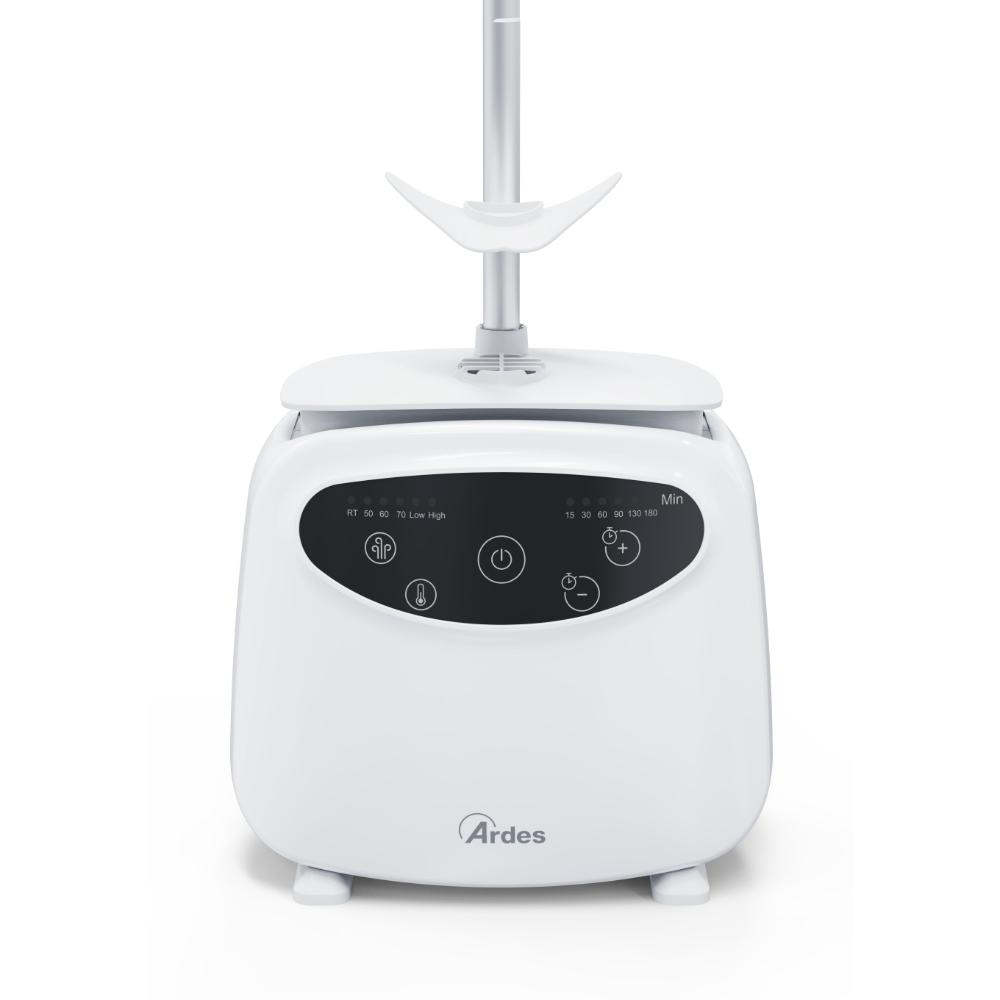 Un vaporizzatore per abiti bianco con pannello di controllo e logo Ardes.
