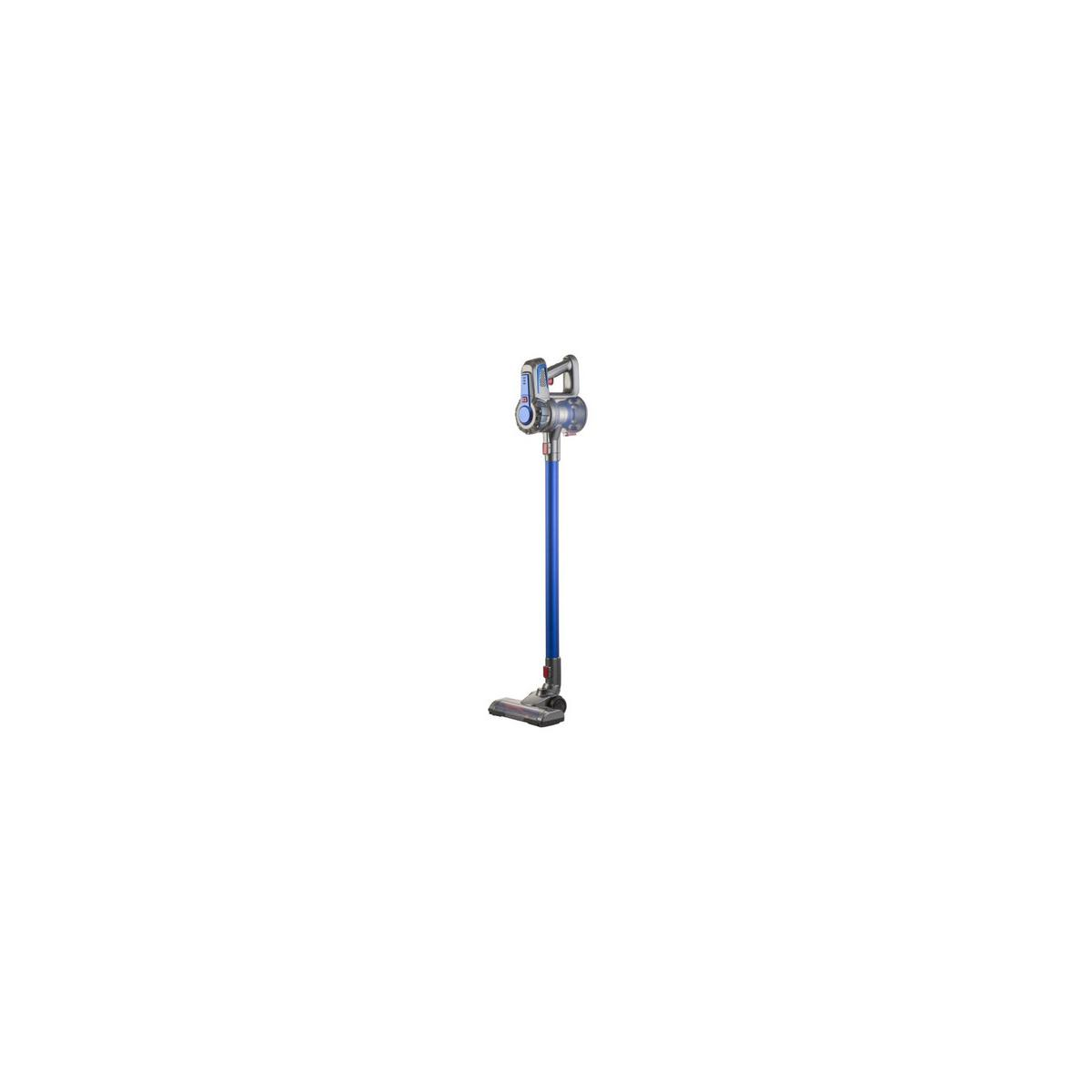 Un aspirapolvere senza fili blu con accenti argentati su sfondo bianco.