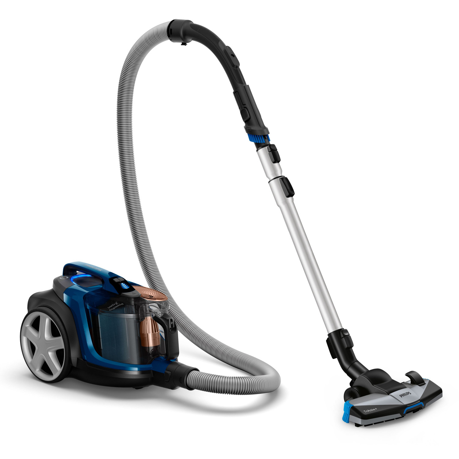 Blauer und schwarzer Philips Staubsauger mit Silberschlauch und Düse auf weißem Grund.