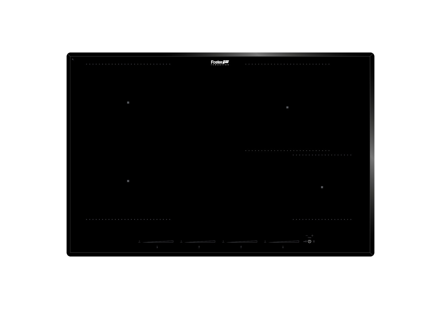 Piano cottura a induzione nero con quattro zone di cottura e controlli touch.