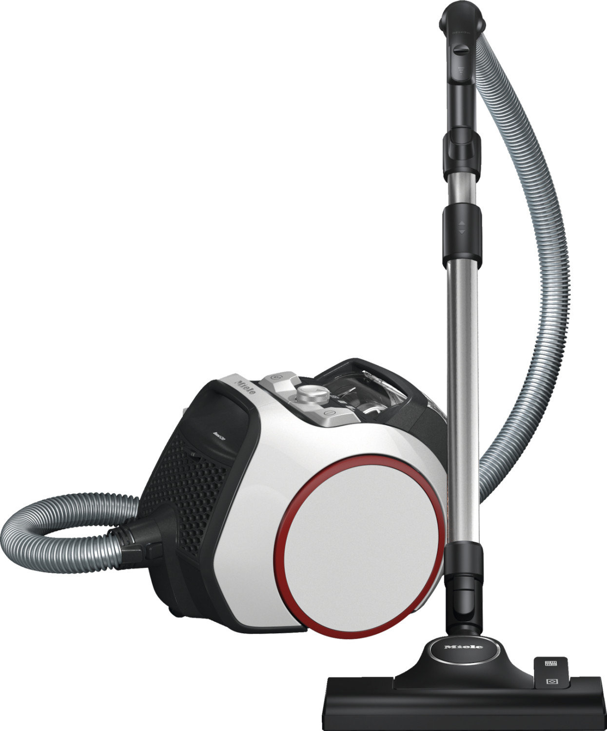 Un aspirapolvere Miele bianco con manico e tubo neri.