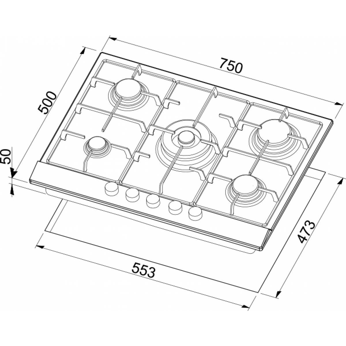 Dibujo técnico de una placa de gas de 5 quemadores con dimensiones.