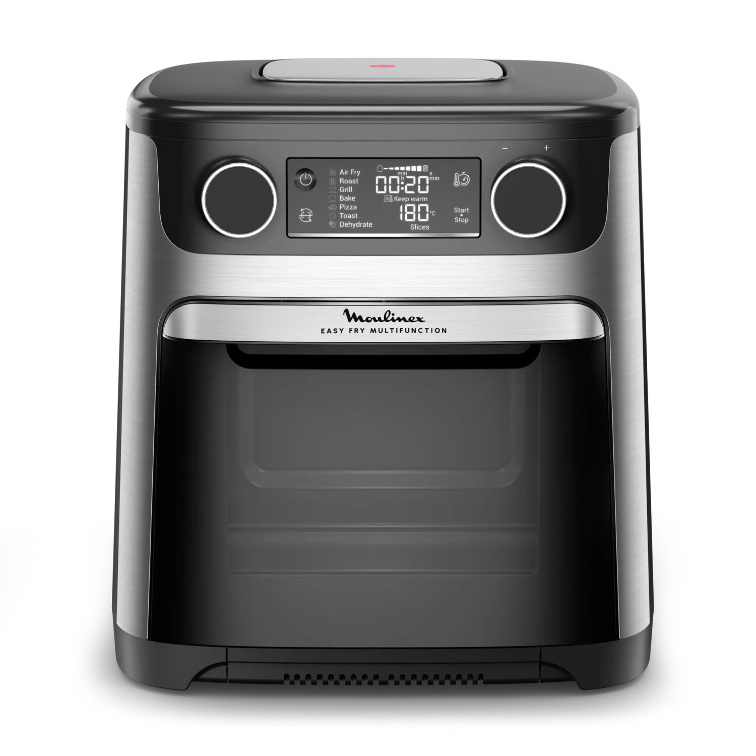 Ein schwarzer Moulinex Heißluftfritteusen-Ofen mit digitaler Anzeige und Bedienelementen.