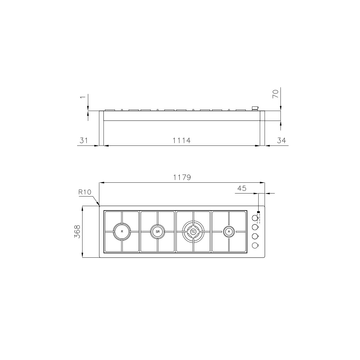 Disegno tecnico di un piano cottura a gas con dimensioni.
