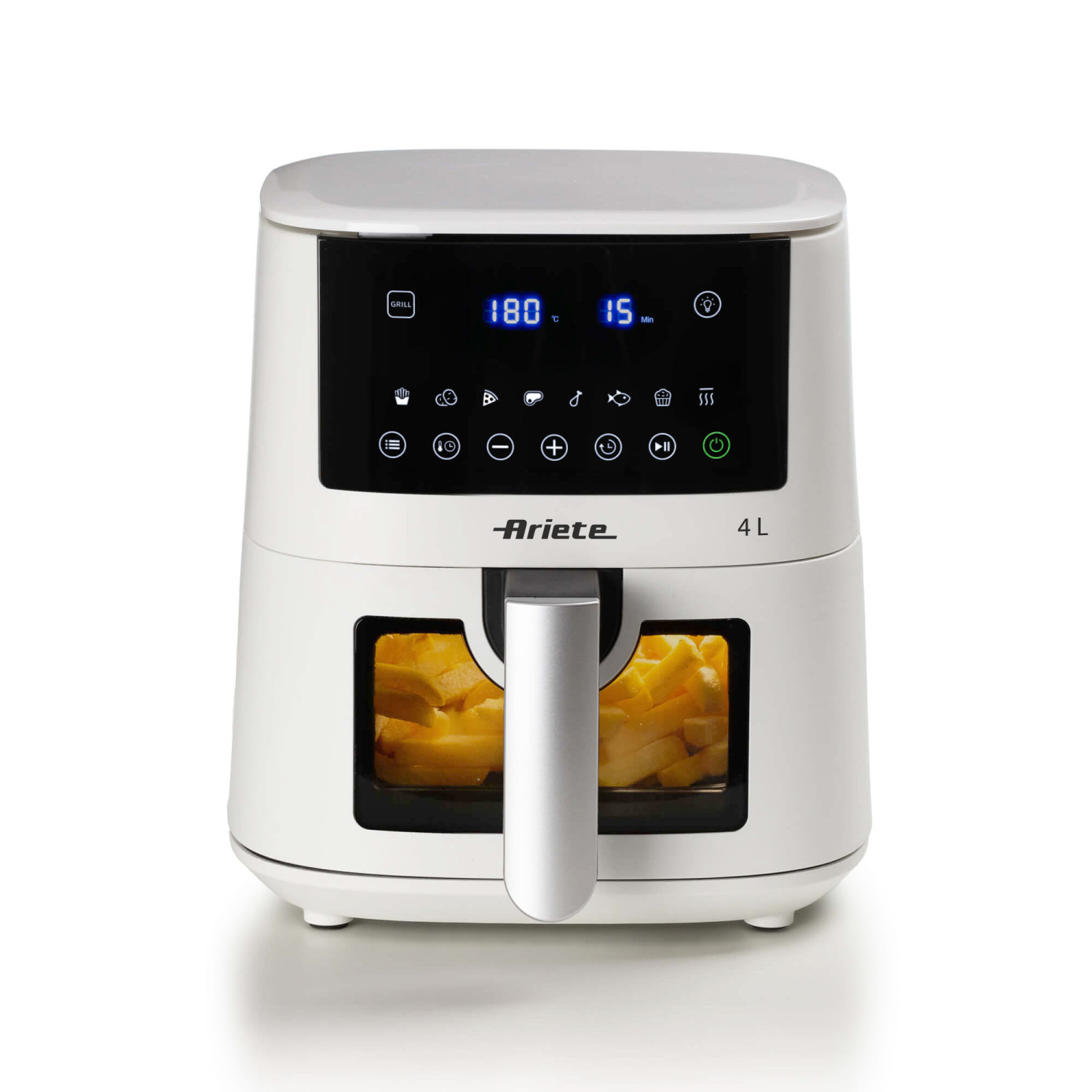 Eine weiße Heißluftfritteuse mit einem digitalen Display und einem Korb voller Pommes Frites.