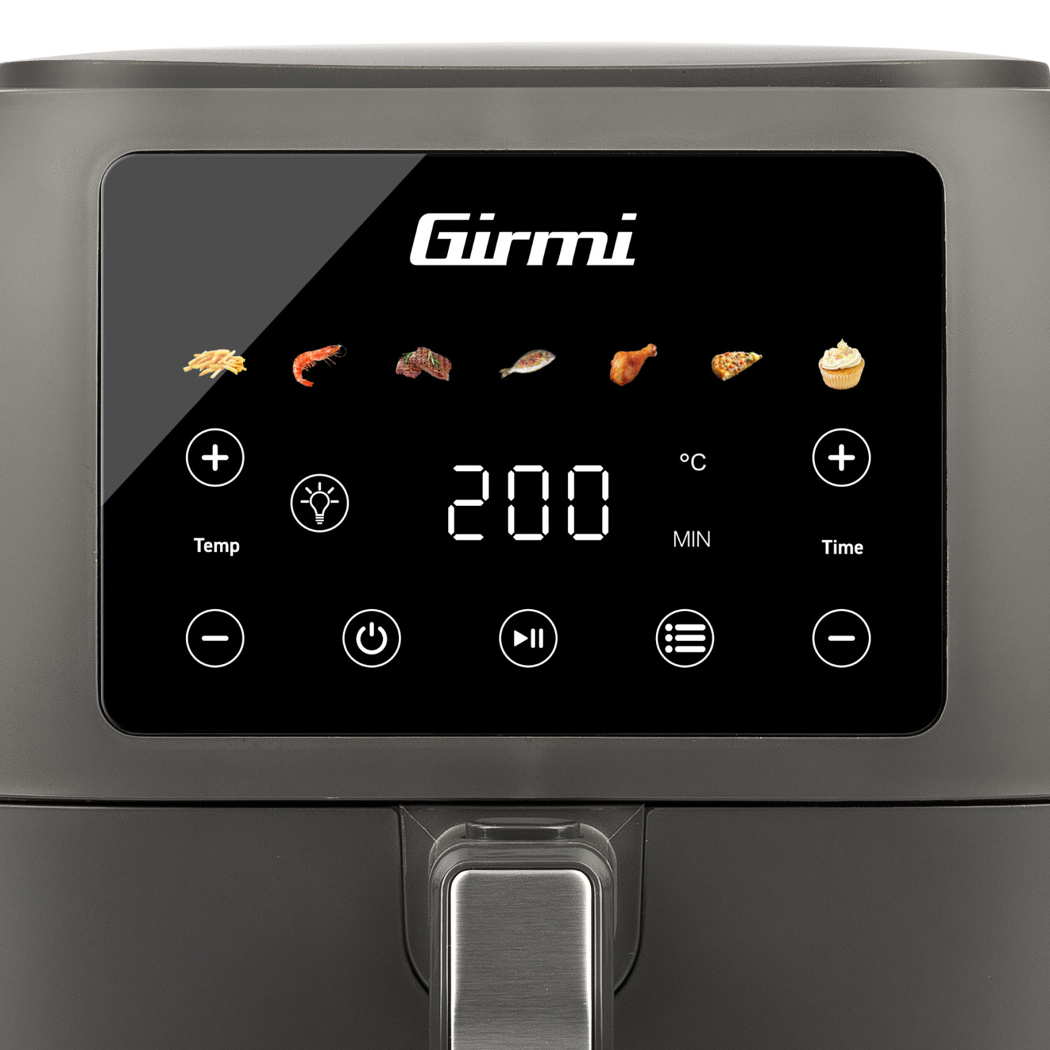 Ein Girmi Heißluftfritteusen-Display zeigt Symbole für Essen, Temp 200°C, Zeit und Steuerelemente.