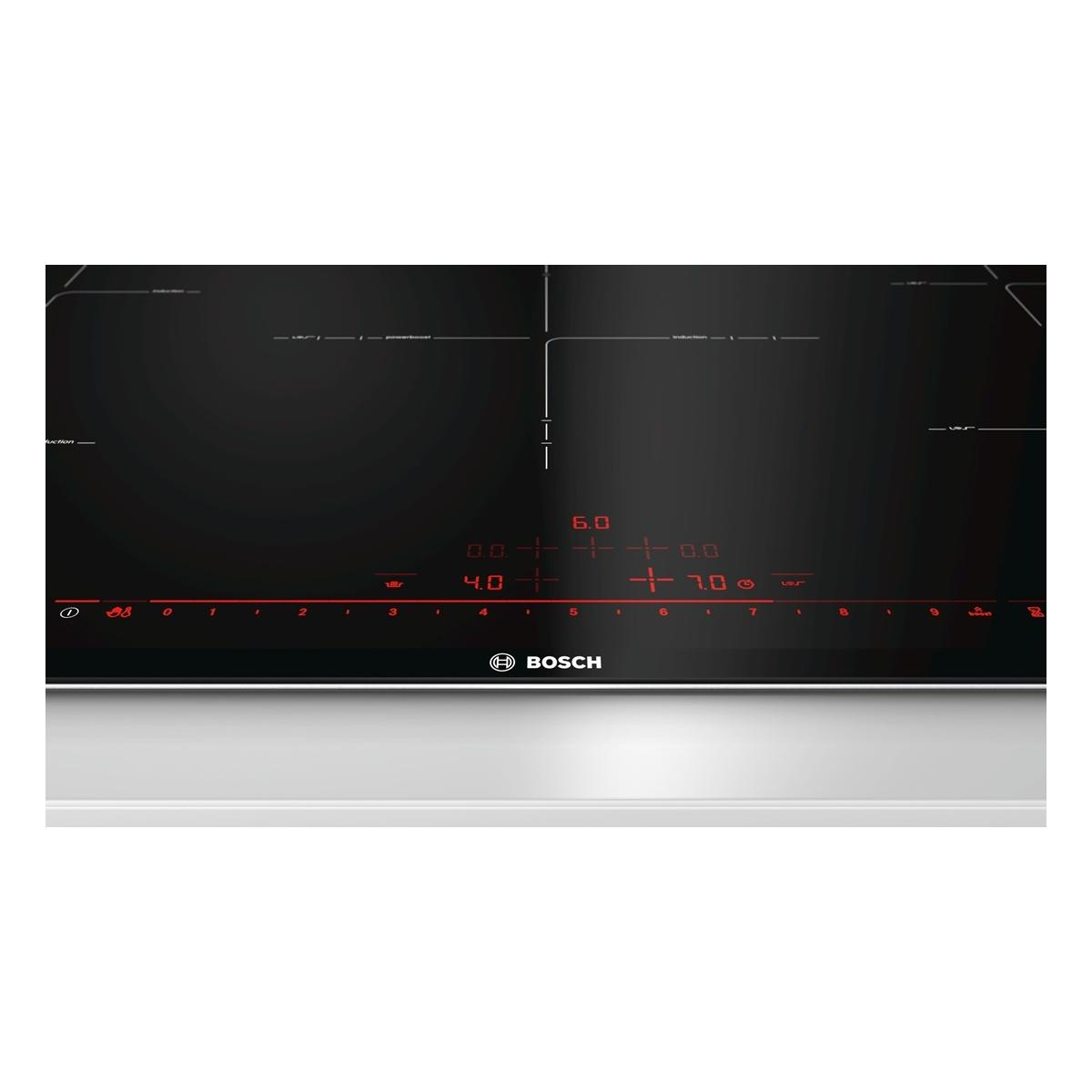 Black induction cooktop with red digital displays and controls.