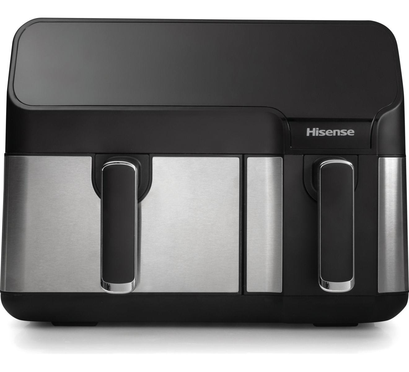 Een zwarte Hisense airfryer met twee lades en zilverkleurige fronten.