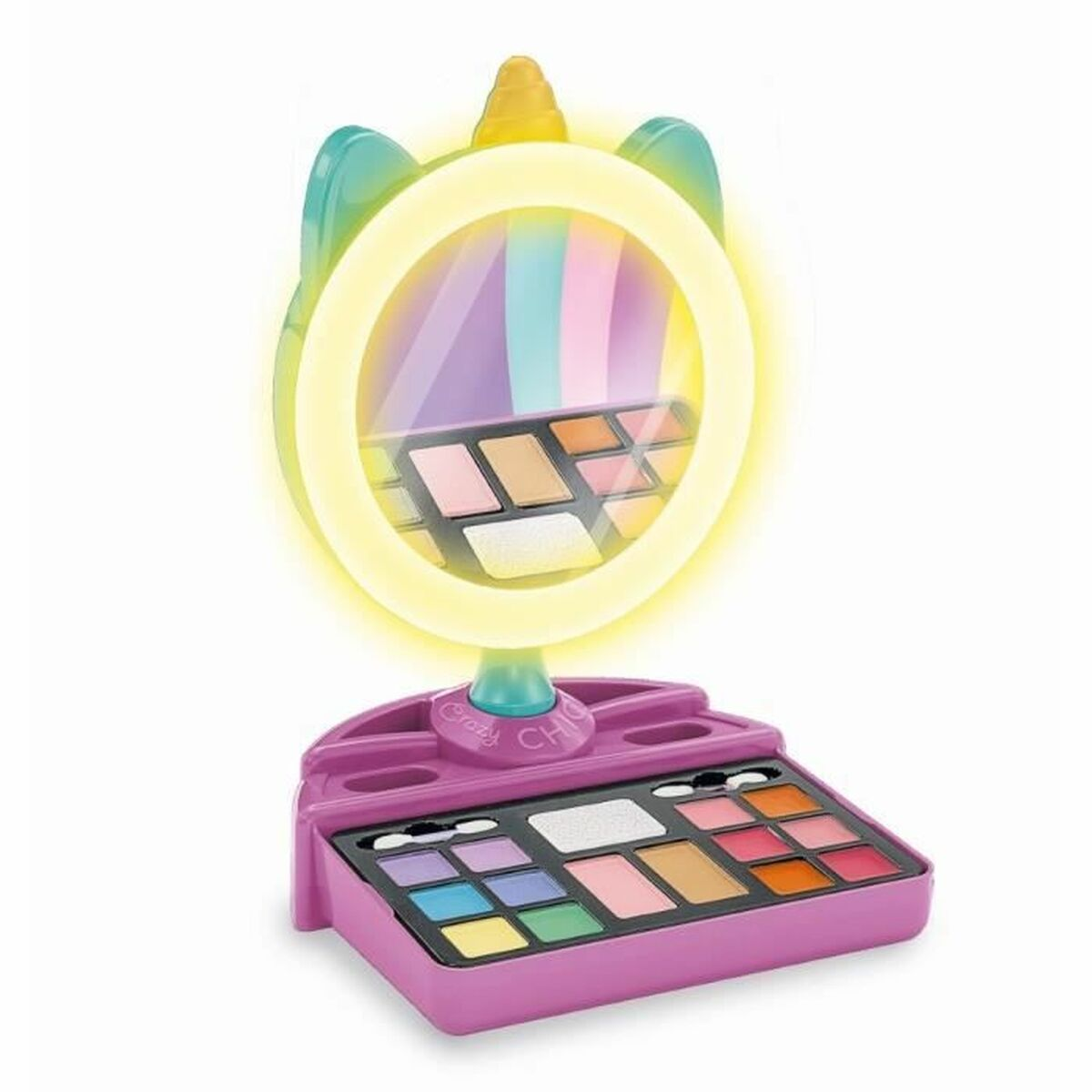 Una toeletta per il trucco rosa con specchio a forma di unicorno e luce ad anello, con palette di ombretti colorate.