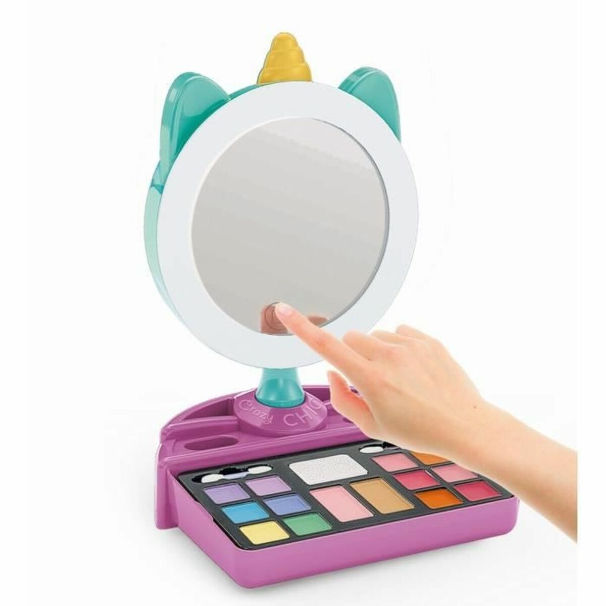 Un set di trucco a tema unicorno con specchio e palette colorate.