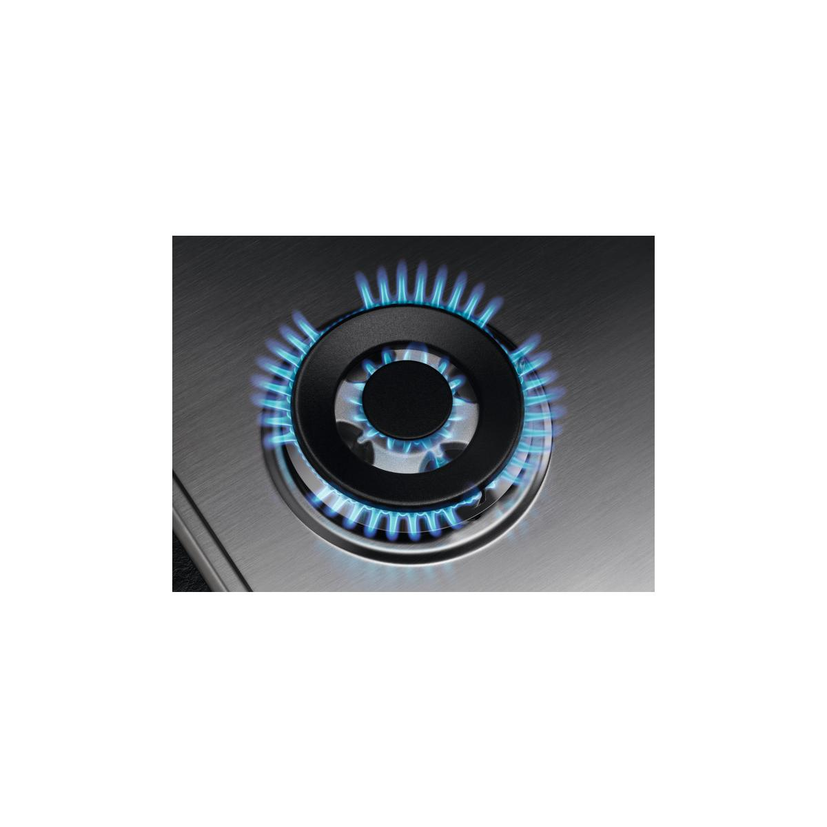 Een gasbrander met blauwe vlammen op een roestvrijstalen kookplaat.
