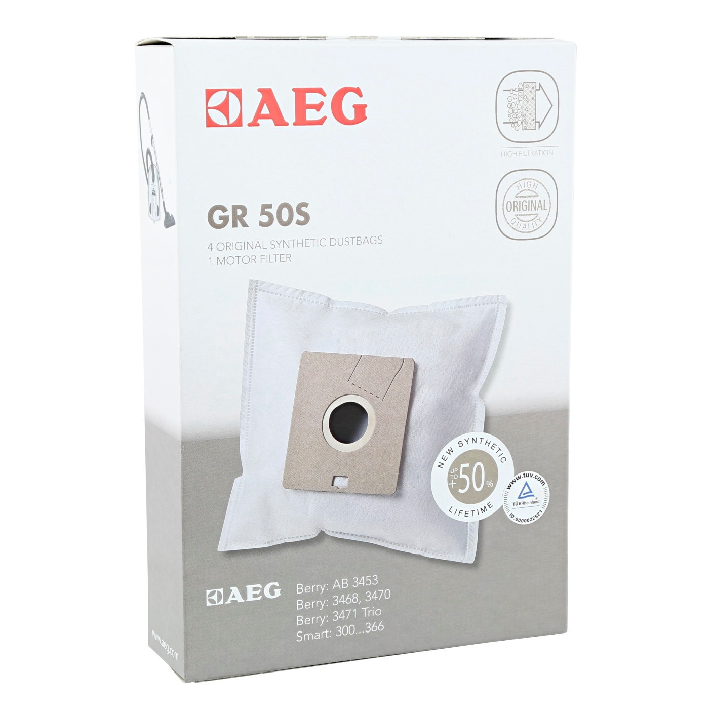 AEG GR 50S Staubbeutel-Verpackung mit 4 Beuteln und 1 Motorfilter.