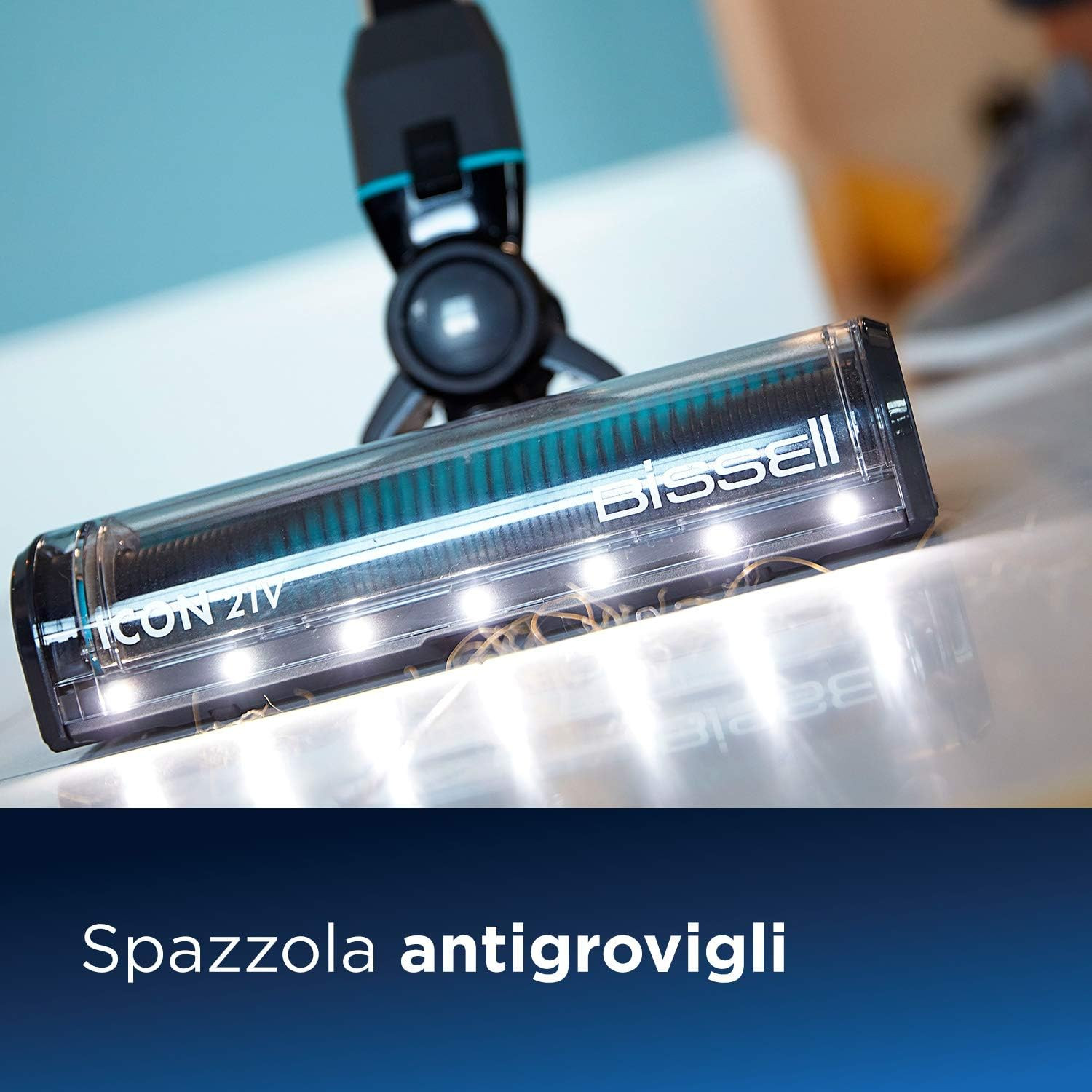 Spazzola aspirapolvere Bissell con luci LED e setole.