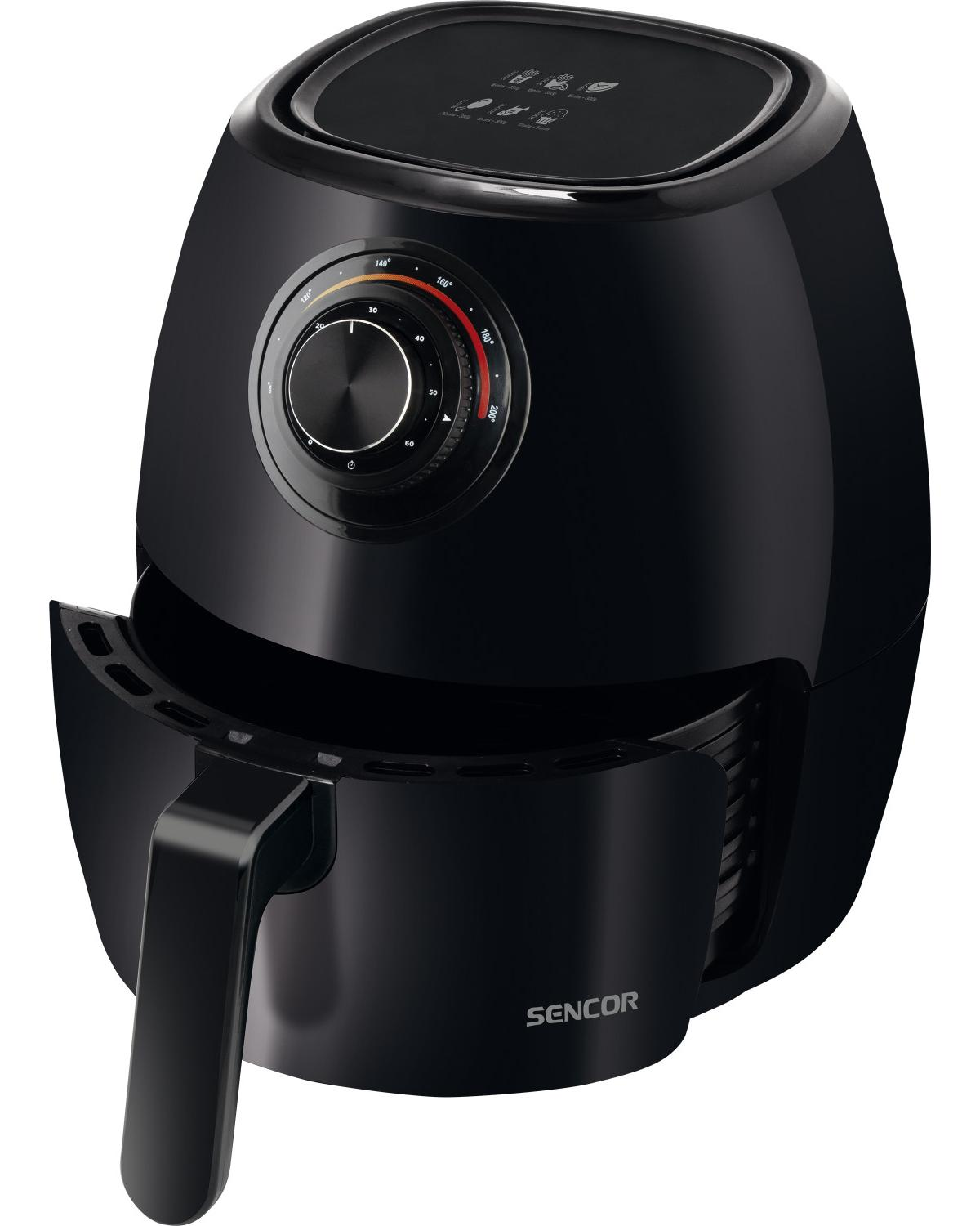 Friggitrice ad aria nera con manopola per temperatura e timer. Logo SENCOR.