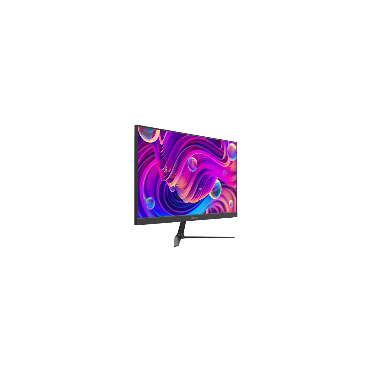 Een moderne monitor met een abstracte, kleurrijke achtergrond en bubbels.