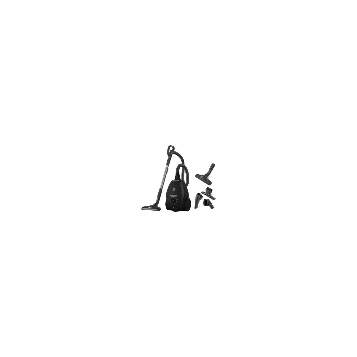 Aspirapolvere nero con accessori, inclusi spazzole e adattatori.