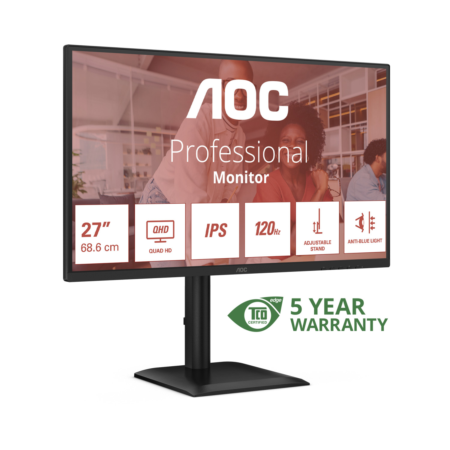 AOC 27-inch QHD IPS 120Hz monitor with adjustable stand and anti-blue light.