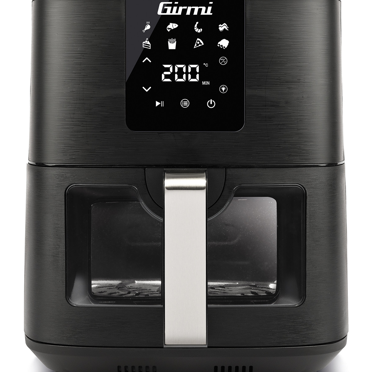 Zwarte airfryer met digitaal display waarop 200 graden Celsius wordt getoond.