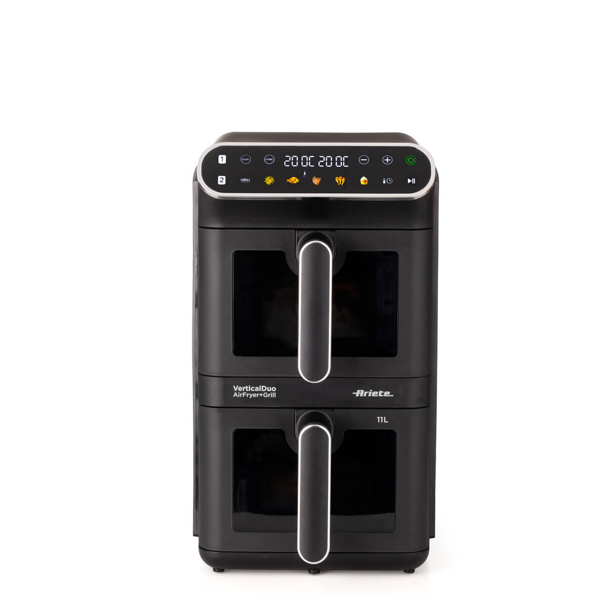 Grill friggitrice ad aria verticale doppia nero con controlli digitali e finestre.