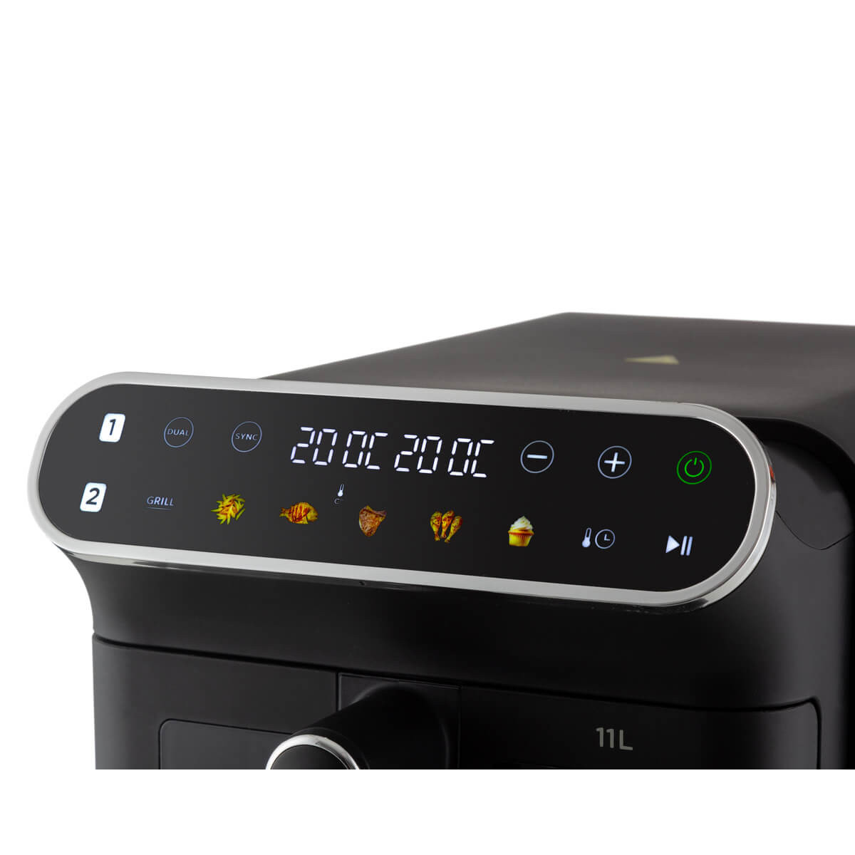 Pannello di controllo di una friggitrice ad aria nera con display digitali e icone di cottura.