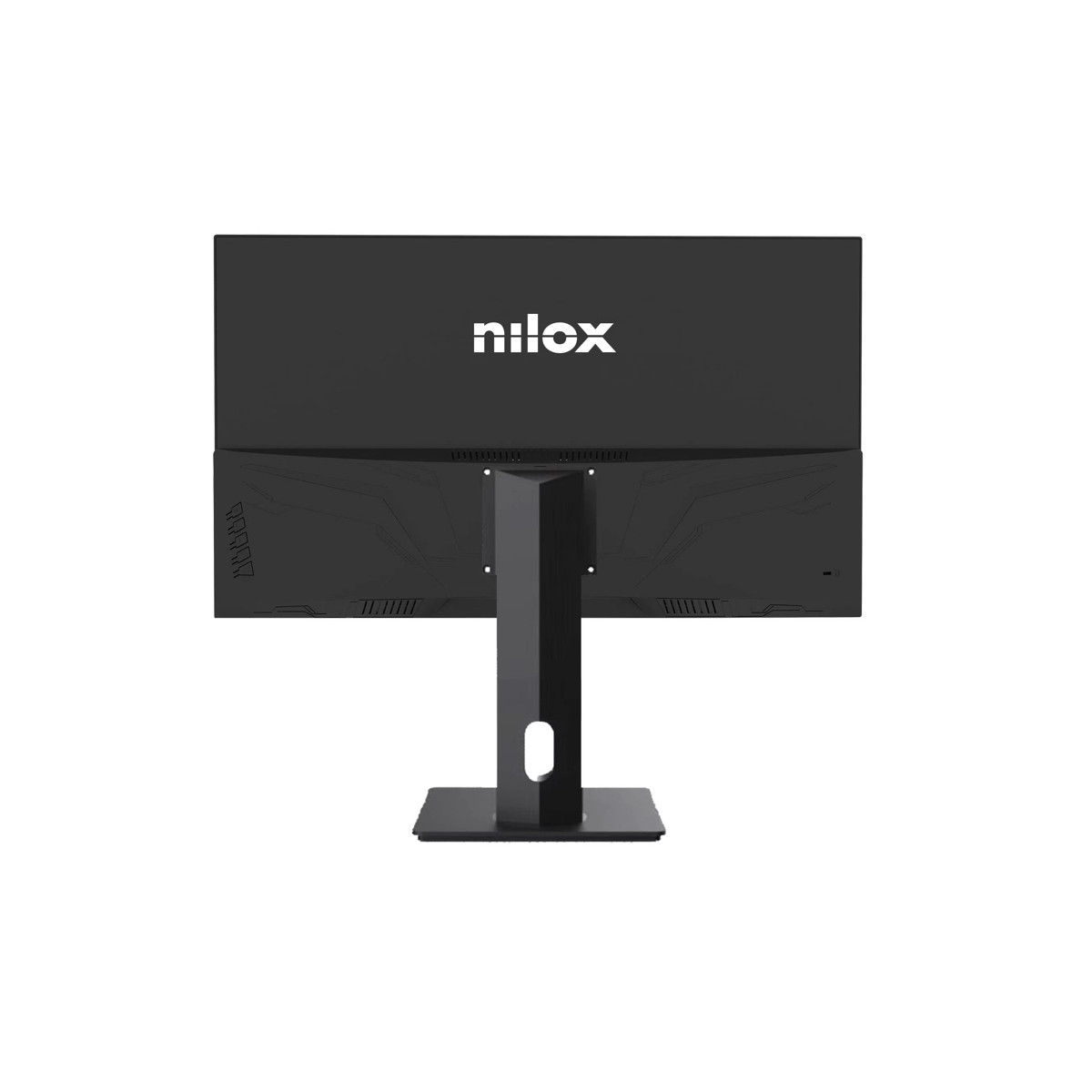 Retro di un monitor nero con logo "nilox" e supporto a T.