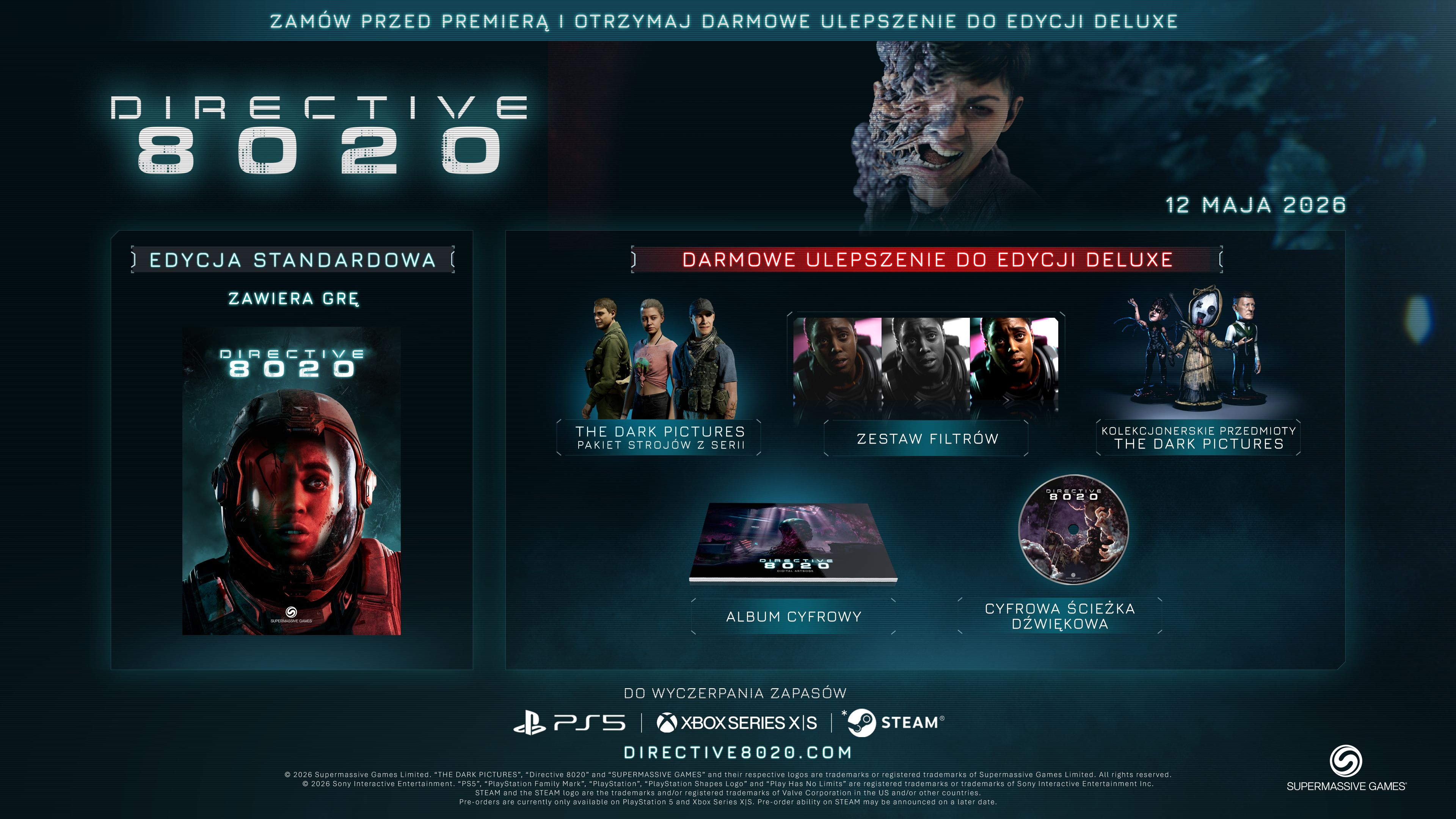 Schermata promozionale del gioco 'Directive 8020' con edizioni e bonus.