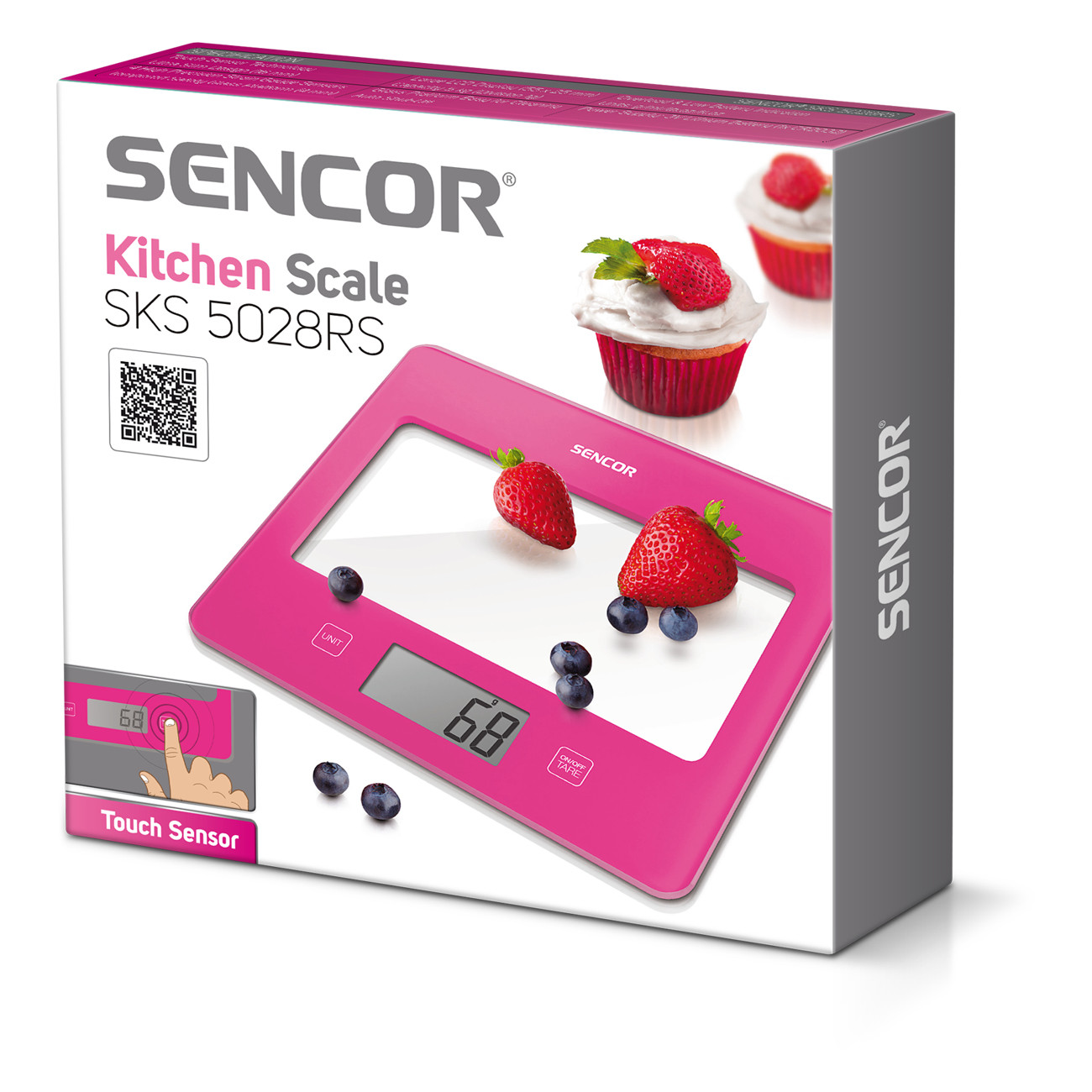 Una bilancia da cucina rosa con bacche e cupcake sulla scatola.