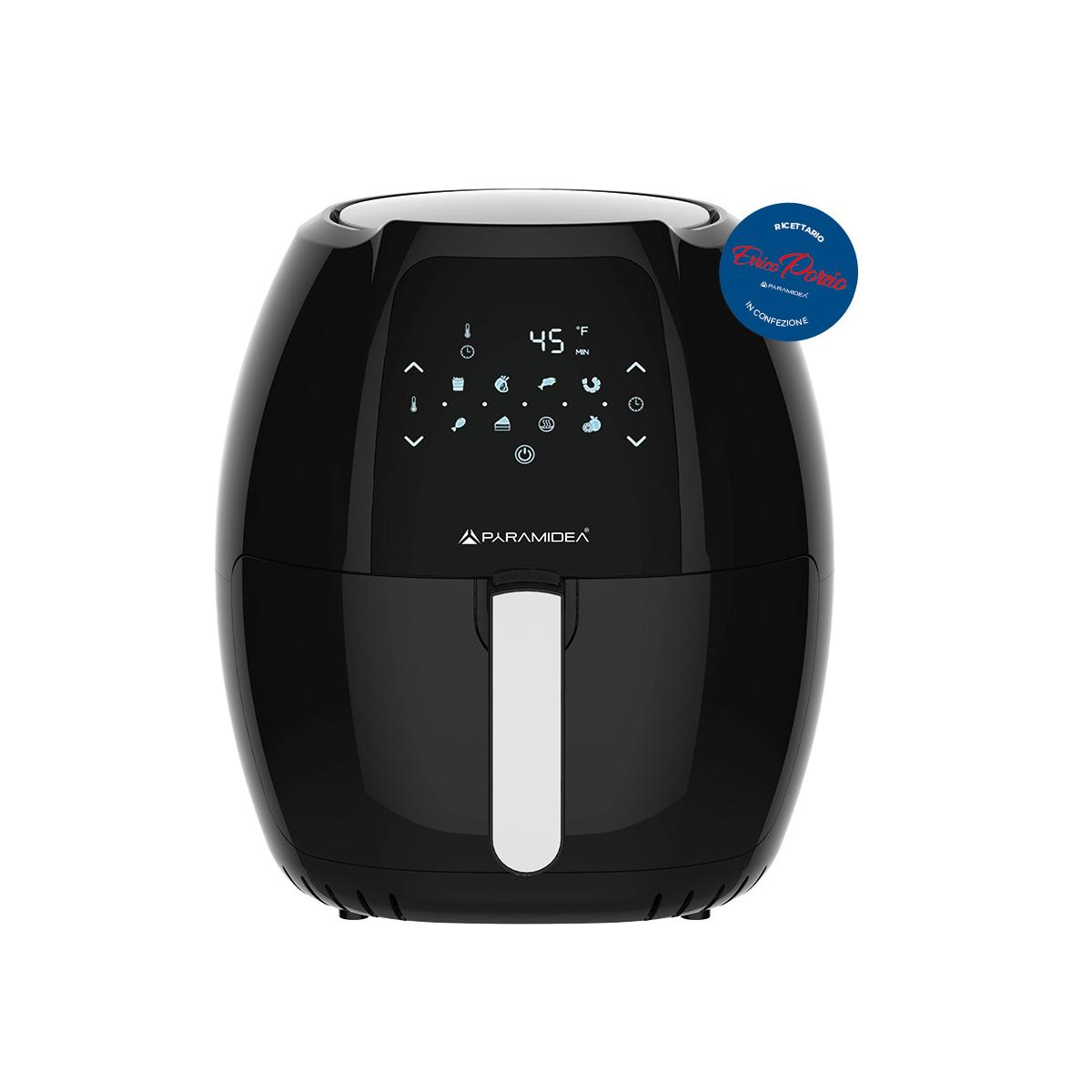 Friggitrice ad aria nera con display digitale che mostra 45 minuti.