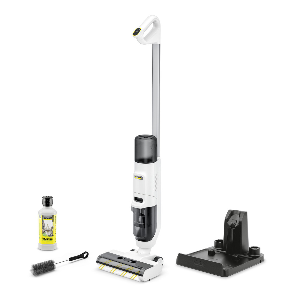 Un nettoyeur de sol Karcher blanc avec accessoires : bouteille, brosse et station de charge.