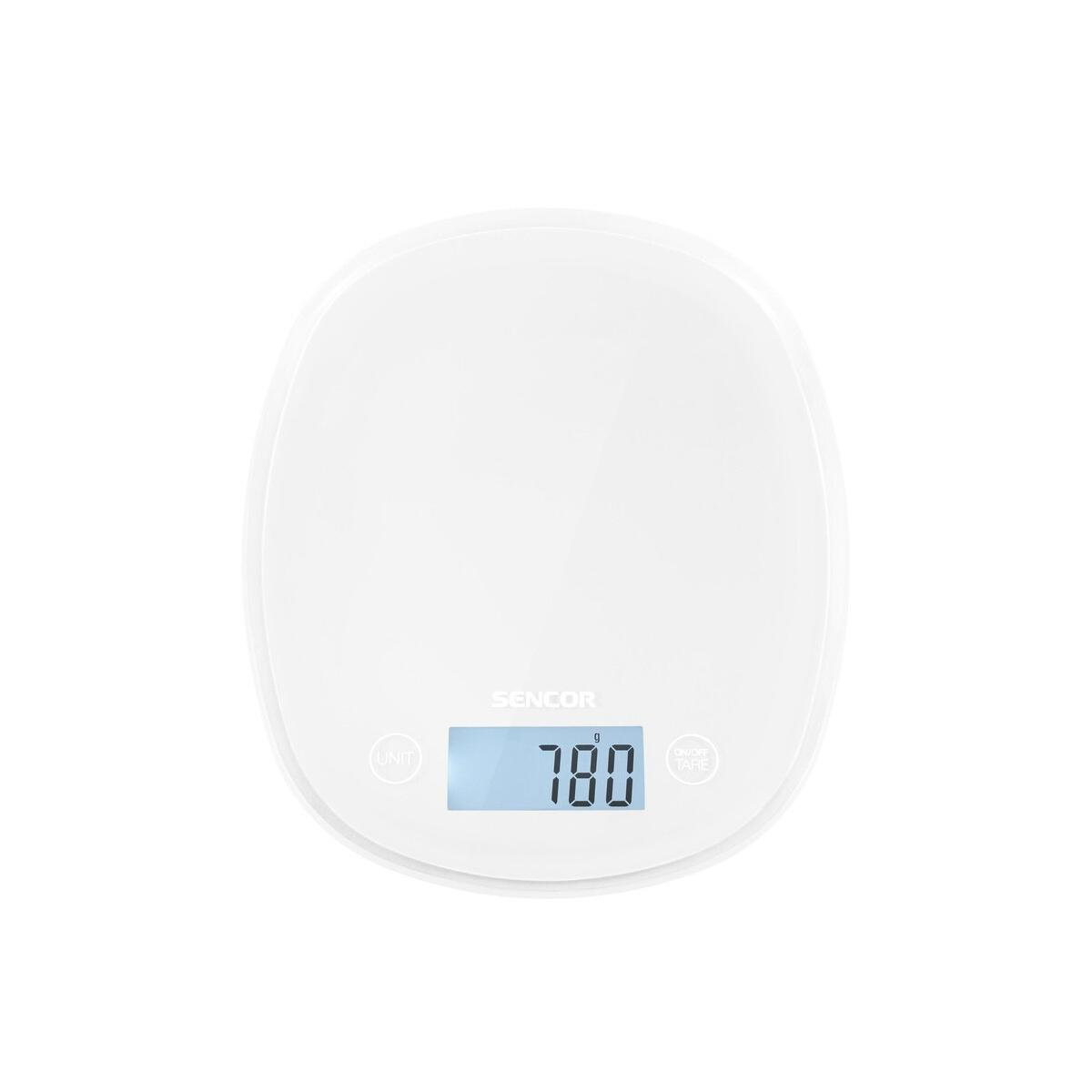 Eine weiße digitale Küchenwaage mit der Anzeige 780g.