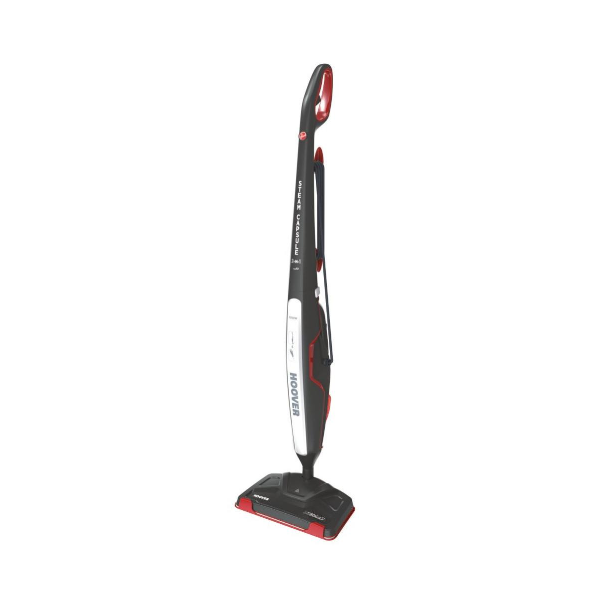 Un pulitore a vapore Hoover nero e rosso con manico e testina.