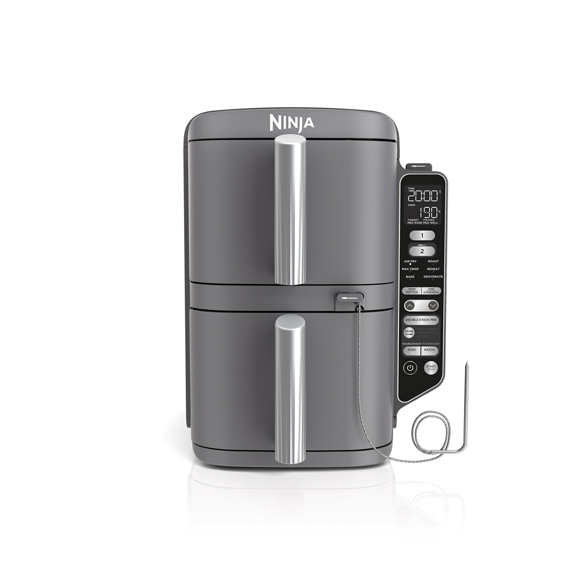 Grijze Ninja dubbeldeks heteluchtfriteuse met digitale bediening en sonde.