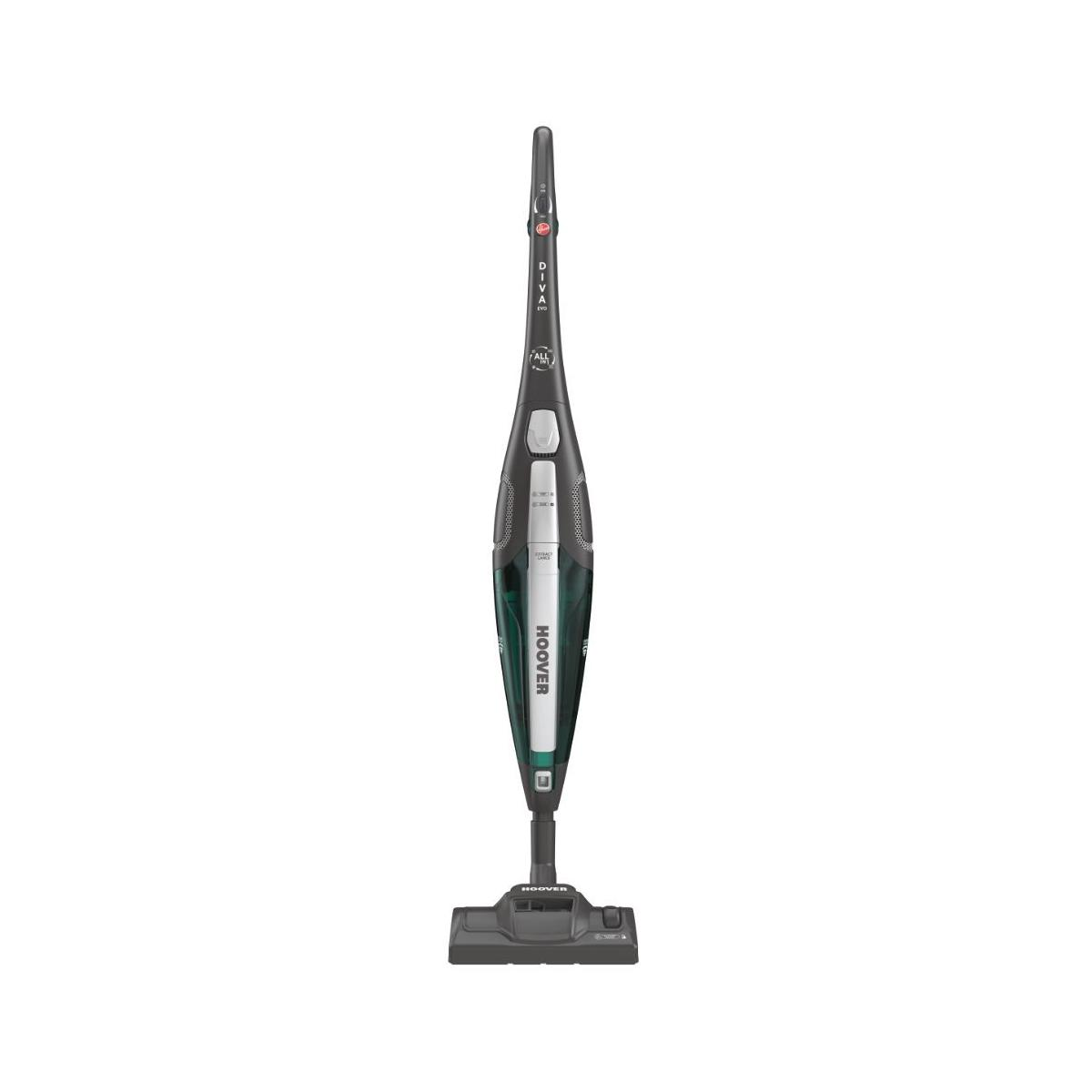 Un aspirapolvere Hoover senza fili scuro con accento verde è sulla sua base di ricarica.