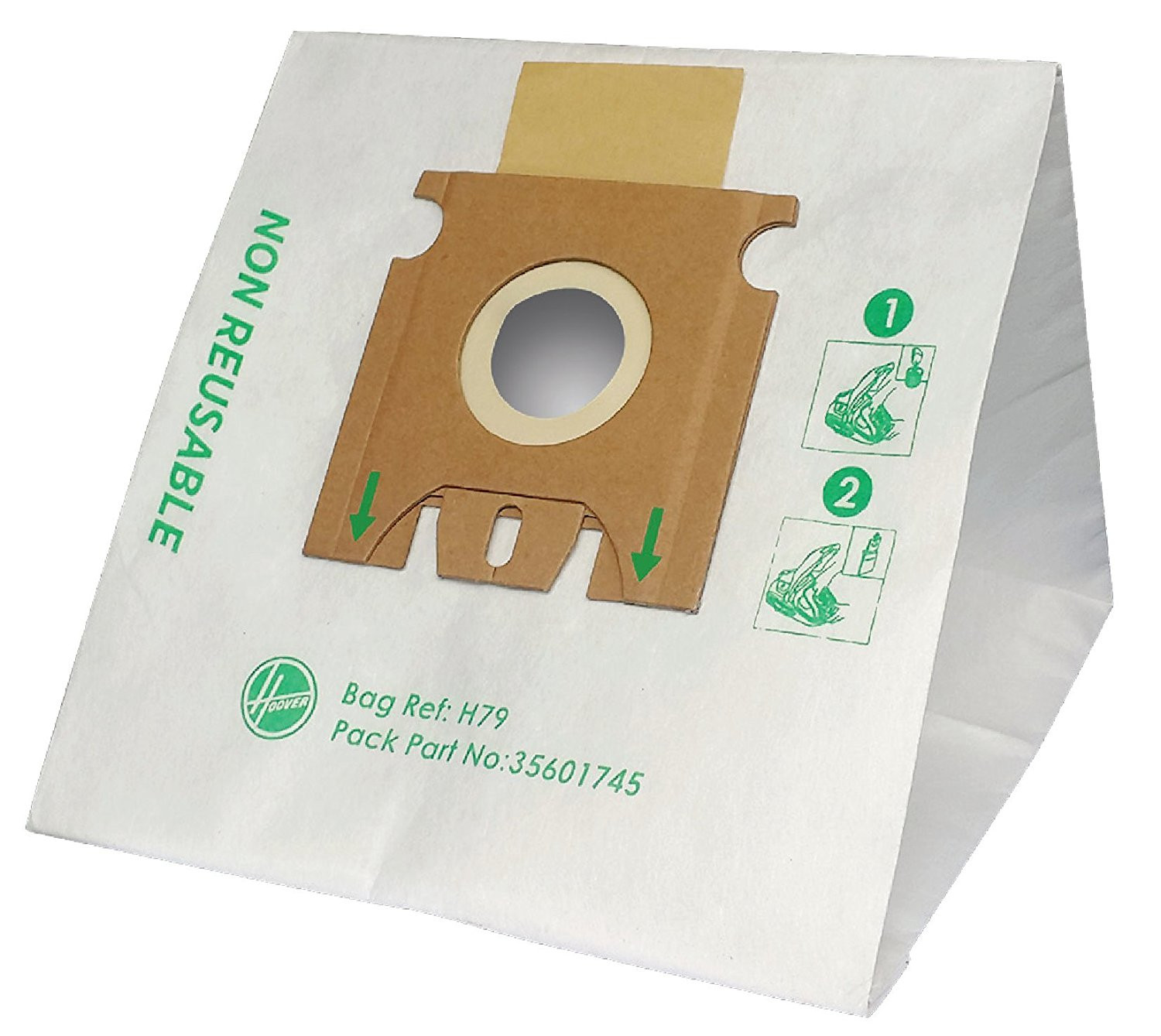 Una bolsa de aspiradora blanca con impresión verde y marrón.